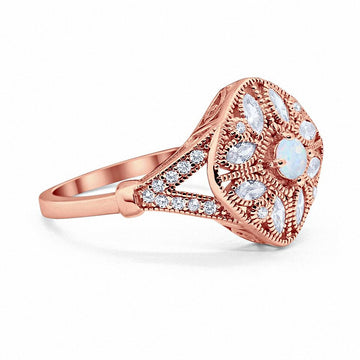 Art Deco Ring Marquise Filigree Rose Tone, Lab Created White Opal 925 Sterling Silver